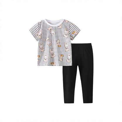 Conjuntos de camiseta con estampado de cuadros y dibujos animados para niña bebé con pantalones 