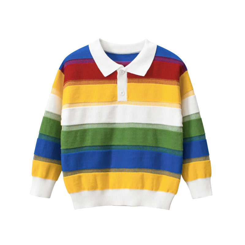 Baby Boy Colorful Striped Pattern Polo Neck Pullover Knitwear My Kids-USA