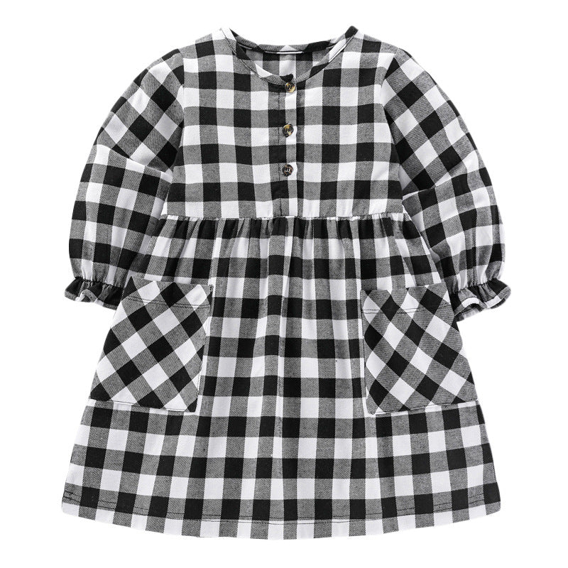 Baby Girl Plaid Pattern Long Sleeves Round Neck Western Style Long Dress My Kids-USA