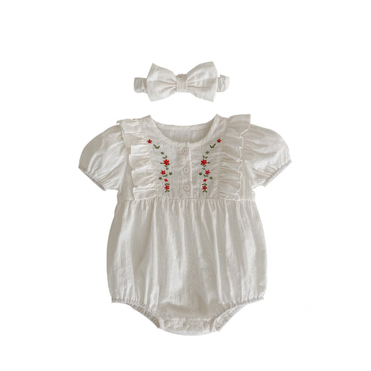 Baby Girl Flower Embroidered Pattern Short Sleeve Crewneck bodysuit, MyKids-USA®, Baby One-Pieces, MyKids-USA -  -  -  -  -  -  - .
