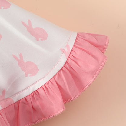 Baby Girl Rabbit Graphic Butterfly Sleeve Design Square Neck Ruffle Hem Dress My Kids-USA