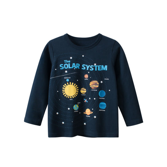 Baby Boy Planet Print Pattern Solid Color O-Neck Shirt