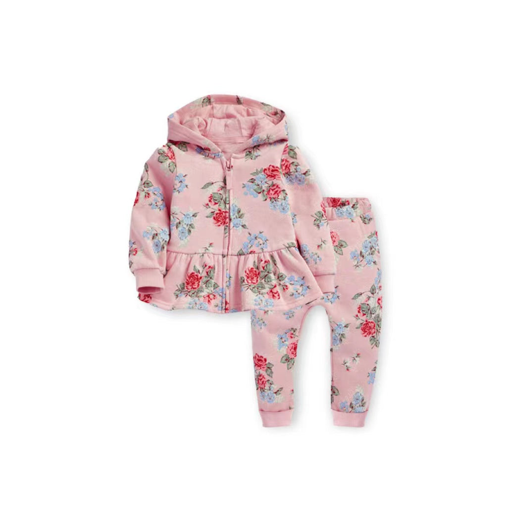 Baby Girl Flower Pattern Zipper Hooded Jacket With Pants Casual Sets My Kids-USA