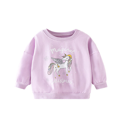 Baby Girl Unicorn Print Pattern Candy Color Pullover Hoodie My Kids-USA