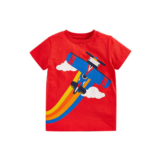 Camiseta de algodón de moda roja con gráfico de dibujos animados para bebé niño 
