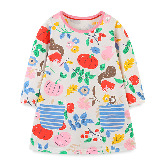 Baby Girl All Over Print Pattern O-Neck Pullover Princess Dress My Kids-USA