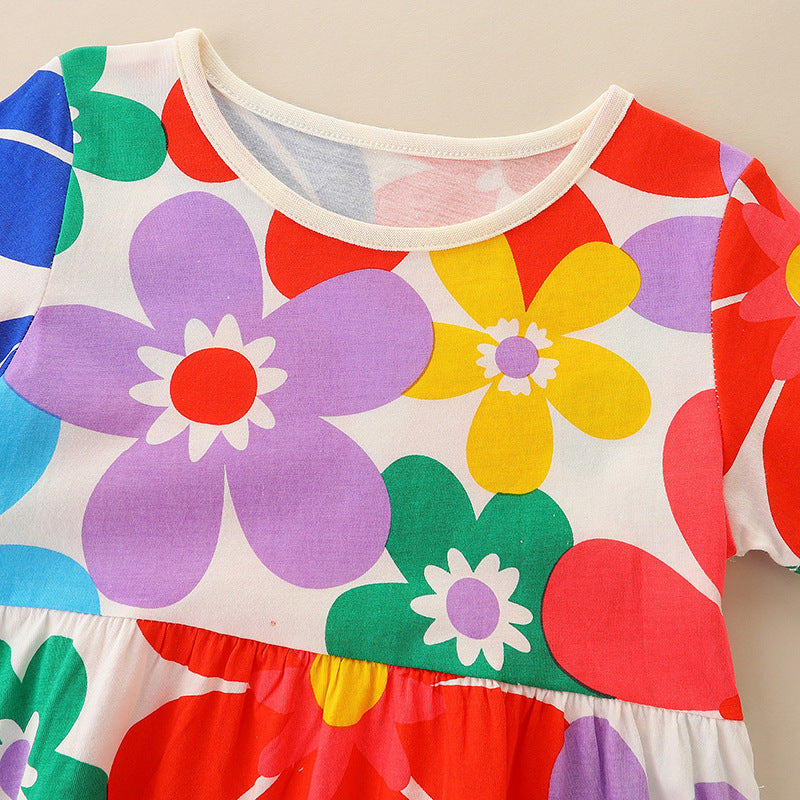 Baby Girl All Over Floral Pattern Crewneck Short Sleeve Dress