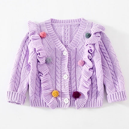 Baby Girl Crochet Knitting Graphic Fur Ball Patched Design V-Neck Cardigan My Kids-USA