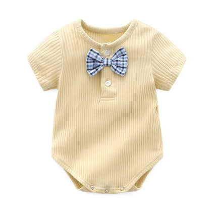 Baby Boy And Girl Solid Color Bow Tie Design Short Sleeve Buttoned Onesies