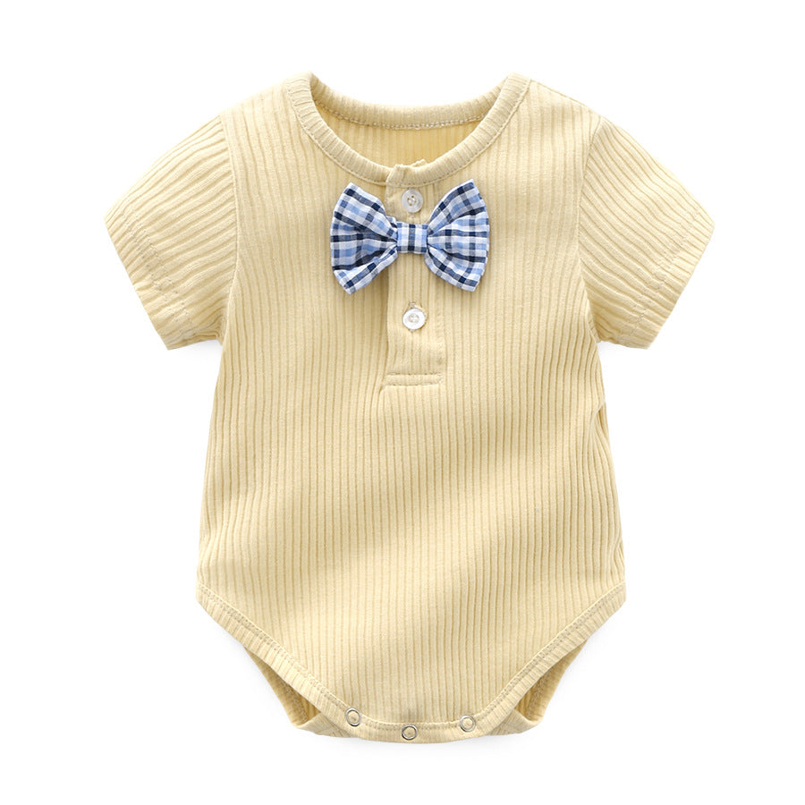 Baby Boy And Girl Solid Color Bow Tie Design Short Sleeve Buttoned Onesies, MyKids-USA®, Baby One-Pieces, MyKids-USA - Size/Age - 59 (0-3M) - Color - Apricot -  -  - JM2204141617-A