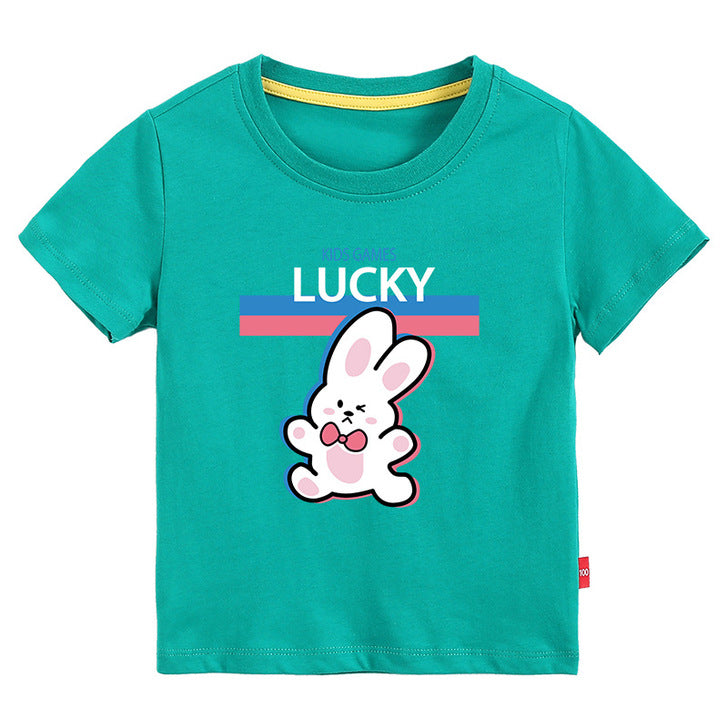 Baby Girl Lucky Rabbit Print Pattern Short-Sleeved Round Collar Casual T-Shirt