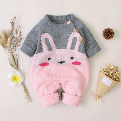 Baby 1pcs Cartton Bunny Graphic Contrast Design Shoulder Button Design Knitted Romper My Kids-USA
