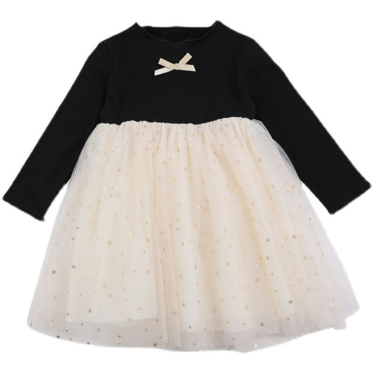 Baby Girl Bow Tie Decoration Patchework Design Mesh Overlay Dress My Kids-USA