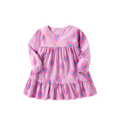 Baby Girl Flower Print Pattern Long Sleeve A-Line Design Dress