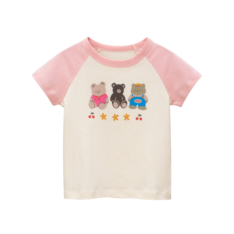 Baby Girls Bear Print Color Contrast Short-Sleeved Tee Shirt