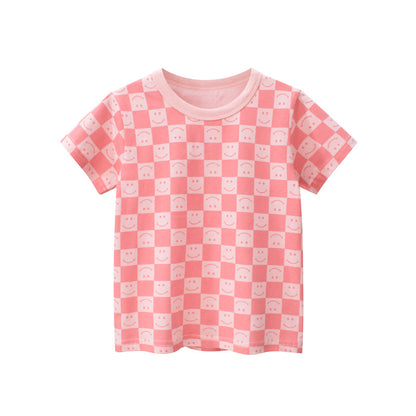 Baby Girl Plaid Pattern Smiley Print O-Neck T-Shirt In Summer