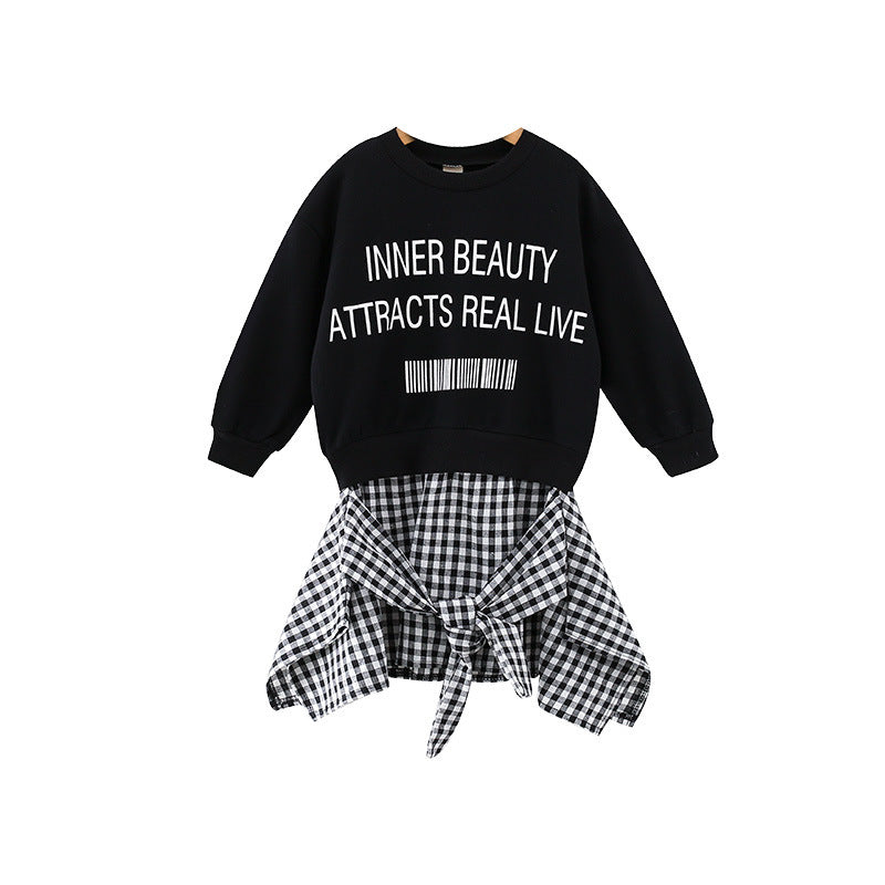 Baby Girl Slogan Pattern False 1-Piece Design Plaid Hoodies Dress My Kids-USA
