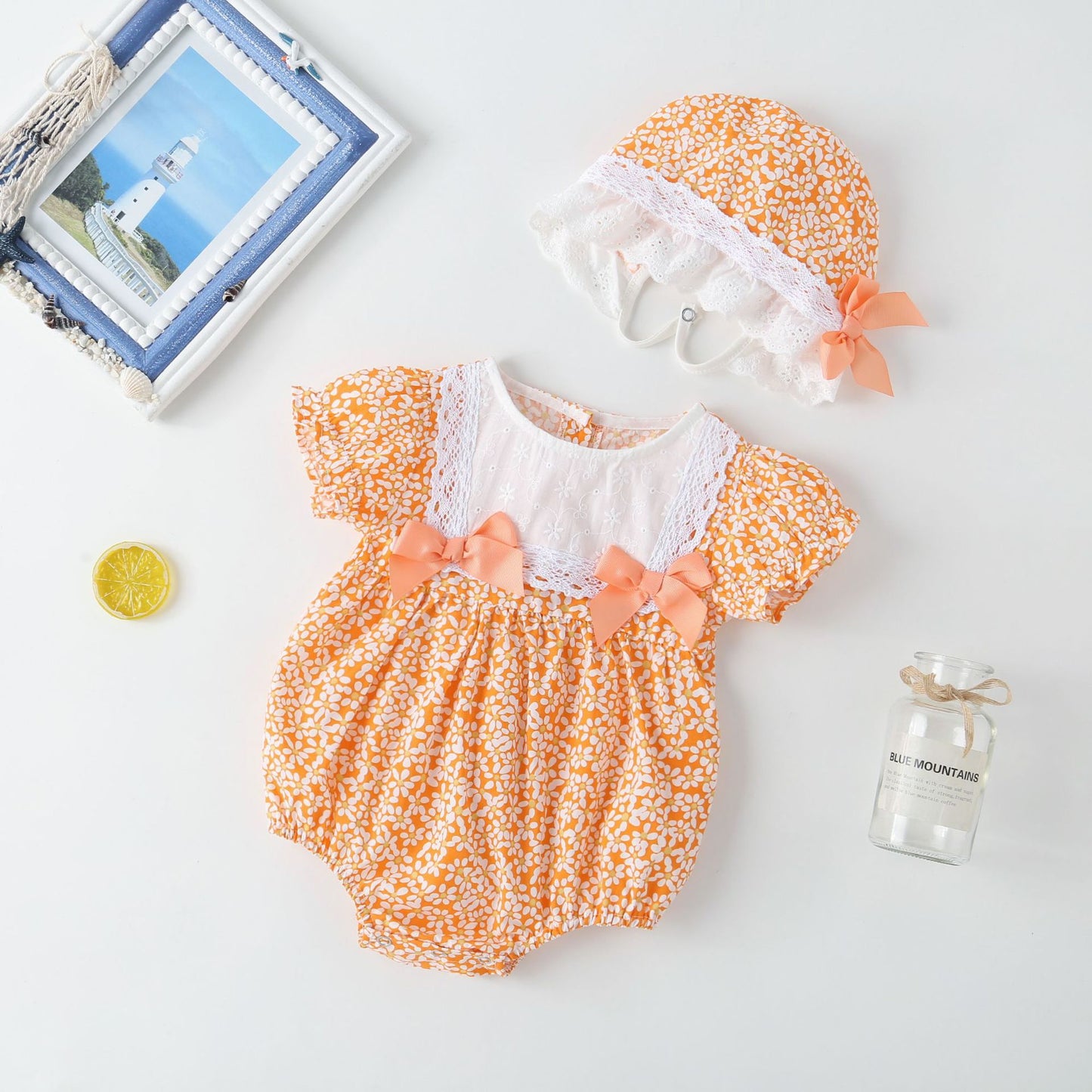 Baby Girl Floral Pattern Lace Patchwork Round Collar Short-Sleeved Colorful Cotton Onesies With Hat, MyKids-USA®, Baby & Toddler Outerwear, MyKids-USA -  -  -  -  -  -  - 