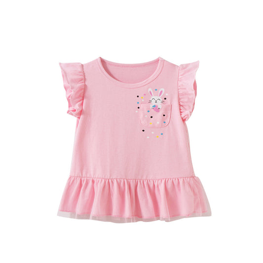Baby Girl Cartoon Print Pattern Solid Color Flying Sleeve Tops