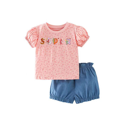 Baby Girl Floral & Slogan Print Graphic Puff Sleeve Tee Combo Denim Shorts Sets My Kids-USA
