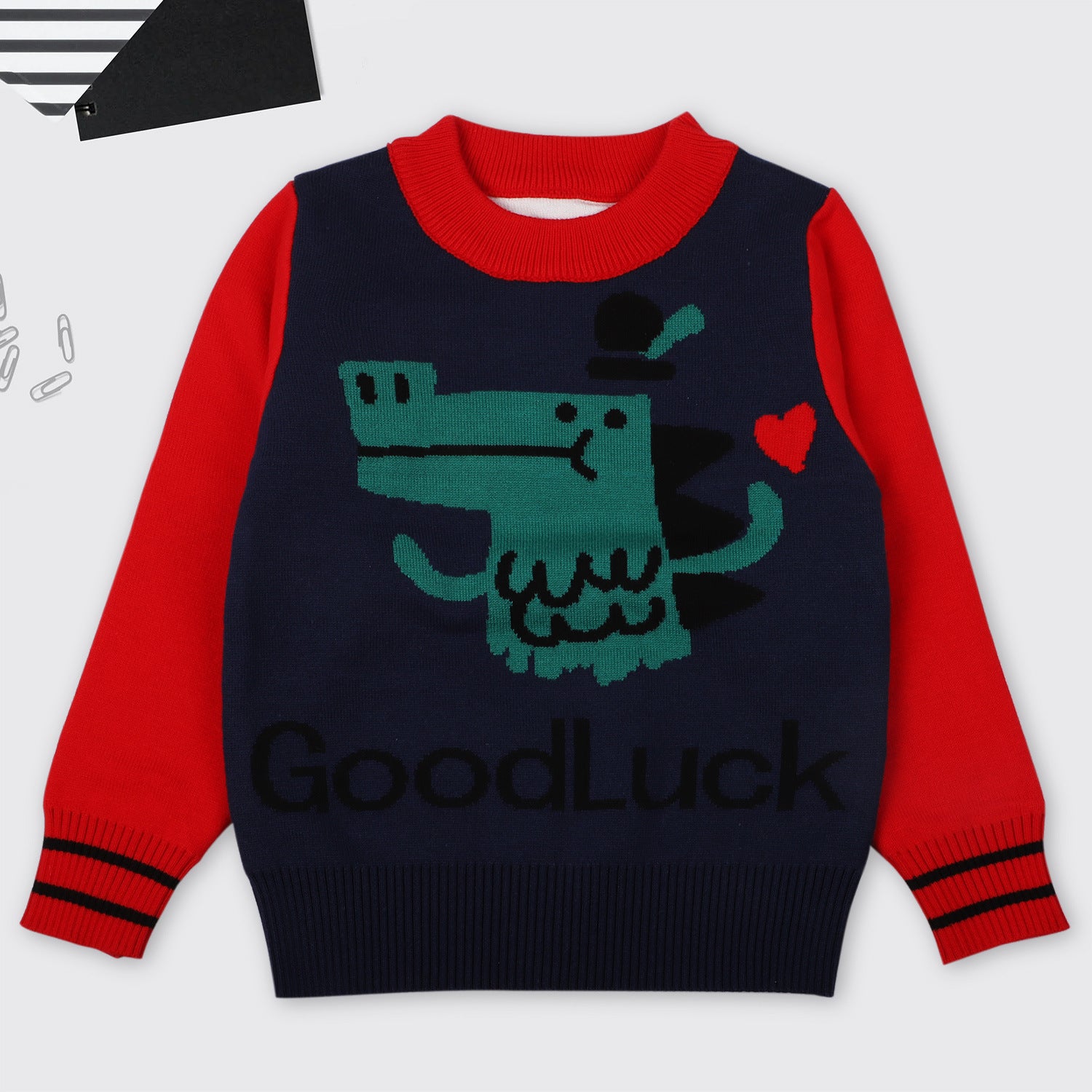 Baby Boy Cartoon Dinosaur Graphic ColorBlock Sleeves Design Fashion Pullover Sweater My Kids-USA