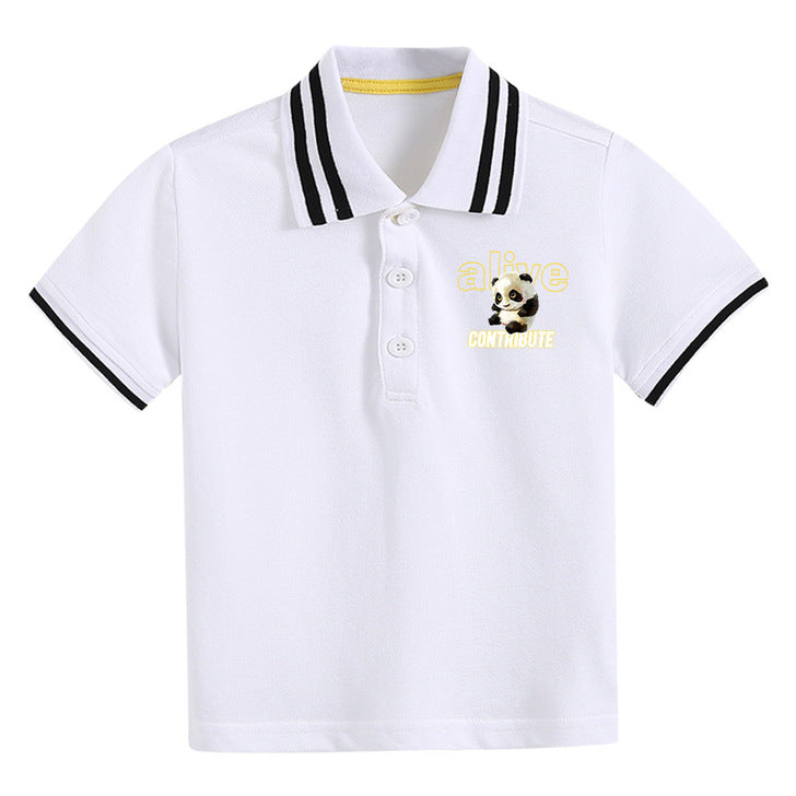 Baby Boy Panda Print Pattern Polo Collar White T-Shirt Preppy Style Short-Sleeved Tee Shirt With Button