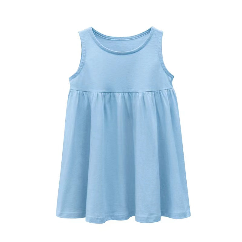Baby Girls Solid Round Collar Design Sleeveless Dress In Summer My Kids-USA