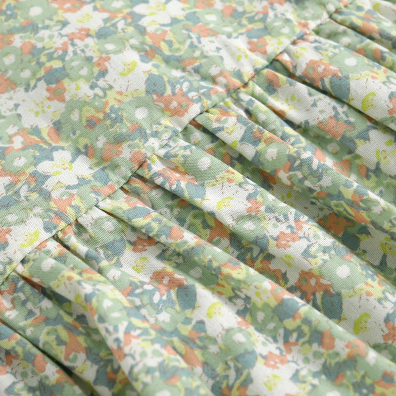 Baby Girls Floral Print Pattern Round Collar Puff Sleeves Onesies In Summer My Kids-USA
