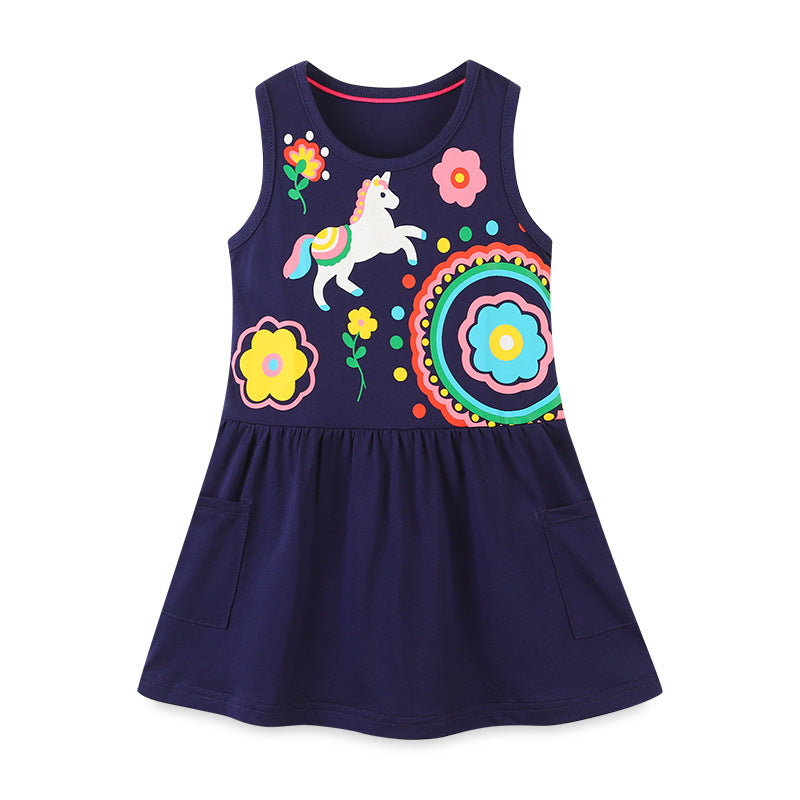 Baby Girl Cartoon Graphic Sleeveless Cute Style Dress In Summer, MyKids-USA®, Baby & Toddler Dresses, MyKids-USA - Size/Age - 90 (12-24M) - Color - Navy Blue (Dark Blue) -  -  - JM2302252332-A