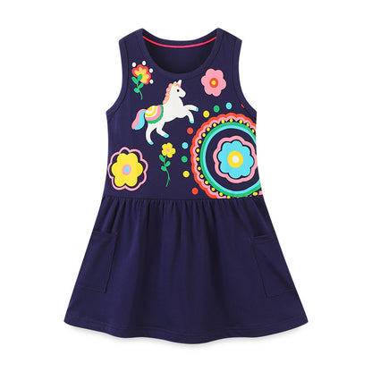 Baby Girl Cartoon Graphic Sleeveless Cute Style Dress In Summer, MyKids-USA®, Baby & Toddler Dresses, MyKids-USA - Size/Age - 90 (12-24M) - Color - Navy Blue (Dark Blue) -  -  - JM2302252332-A