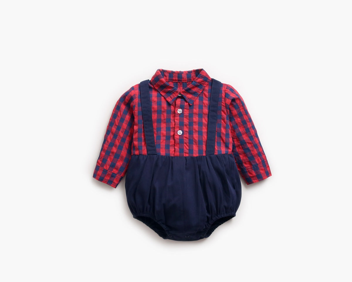 Baby Boy 1pcs Plaid Pattern False 1 Pieces Design Lapel Bodysuit Onesies My Kids-USA