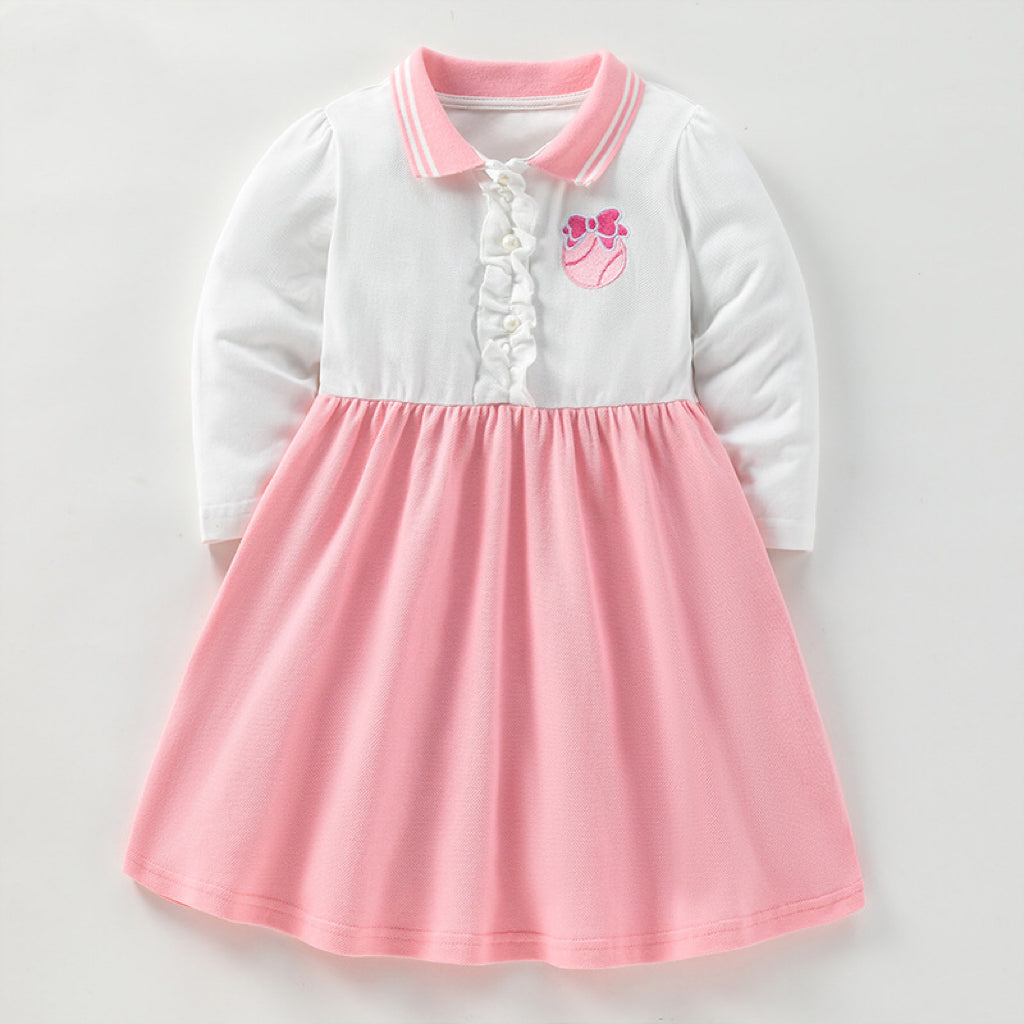 Baby Girl Bow Emrboidered Pattern Polo Neck Strried Dress My Kids-USA