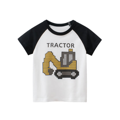 Baby Boy Cartoon Tractor Print Color Matching Design Short-Sleeved T-Shirt In Summer