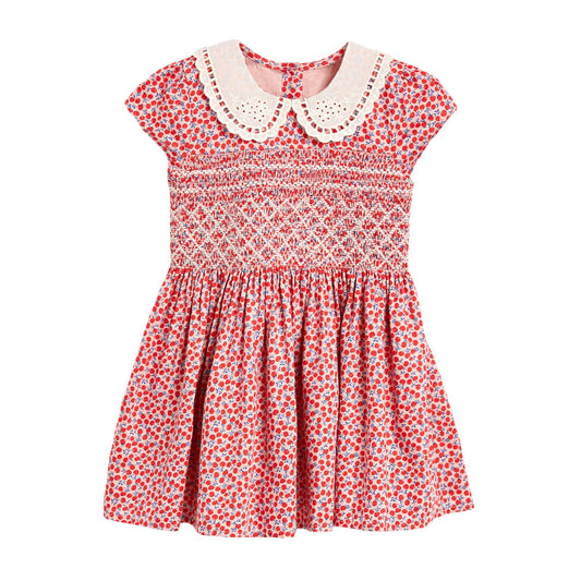 Baby Girl Ditsy Flower Print Hollow Carved Neck Knitted Waist Dress My Kids-USA
