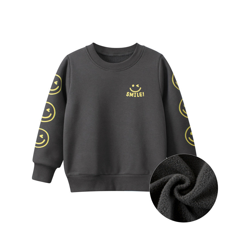 Baby Smiley Graphic Long Sleeve Fleece Thickened Hoodie In Autumn And Winter
