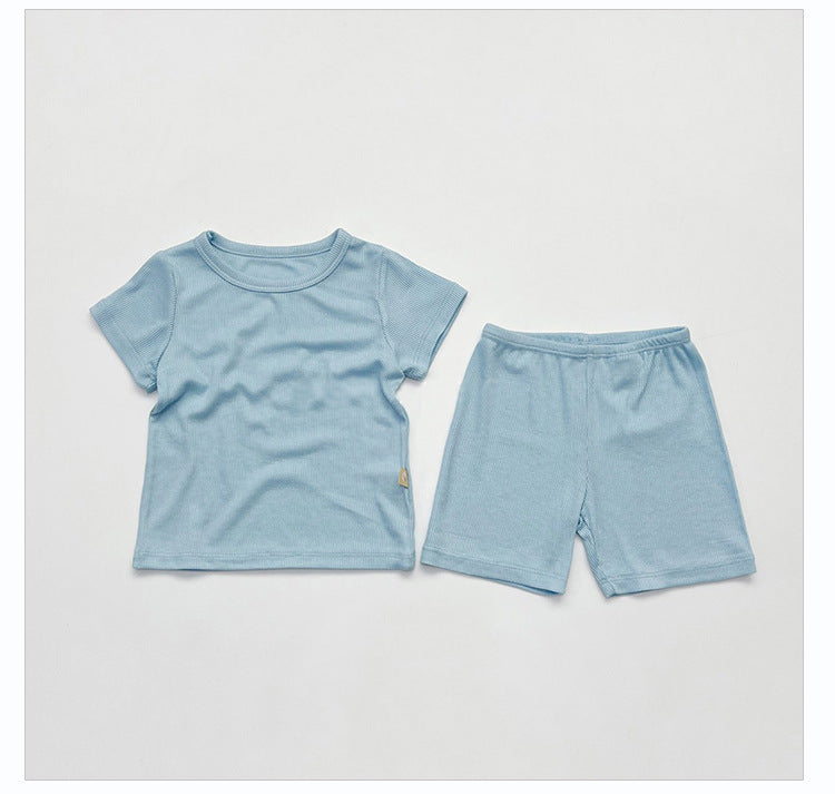 Kids Solid Color Skin-Friendly Fabric Round Collar Short-Sleeved Top Combo Shorts Sets Pajamas