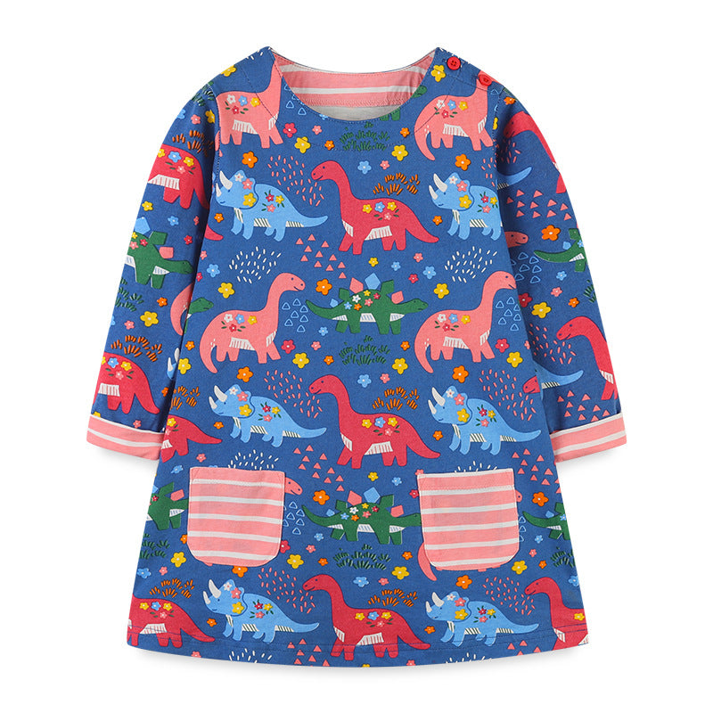 Baby Girl Cartoon Dinosaur Pattern Autumn New Style Dress My Kids-USA