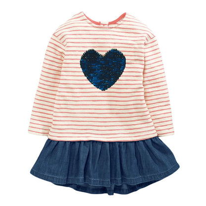 Baby Girl Sequins Heart & Striped Graphic Denim Ruffle Patchwork Hem Design Dress My Kids-USA