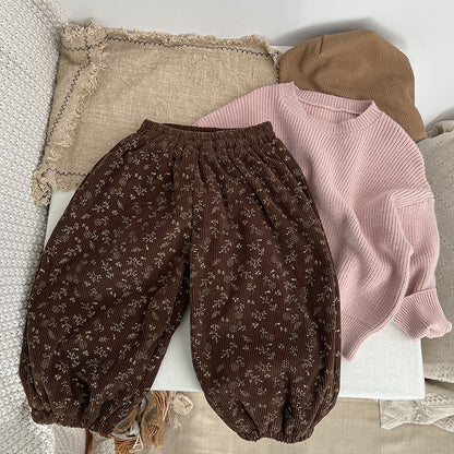 Baby Girl Ditsy Flower Pattern Corduroy Fabric Loose Thickened Pants In Winter My Kids-USA