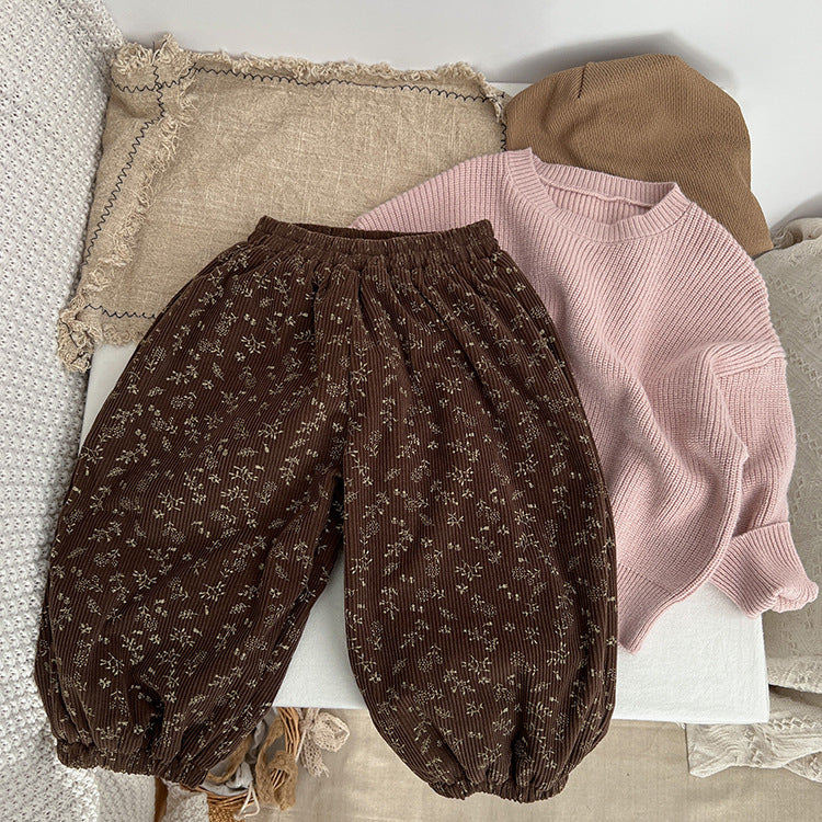 Baby Girl Ditsy Flower Pattern Corduroy Fabric Loose Thickened Pants In Winter, MyKids-USA®, Baby & Toddler Bottoms, MyKids-USA -  -  -  -  -  -  - 