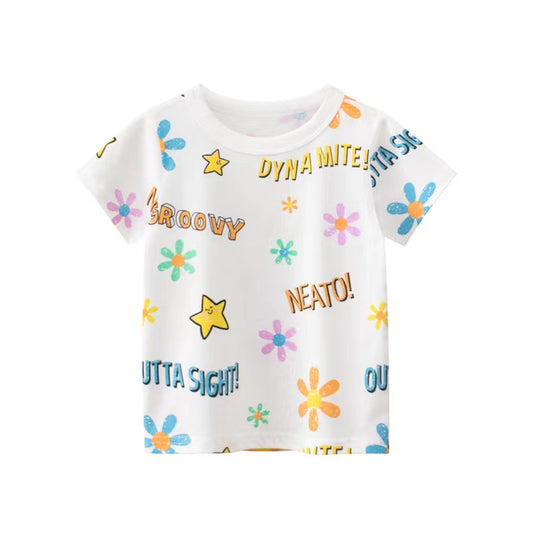 Baby Girls Print Pattern Round Neck Short Sleeved Tops In Summer Outfit Wearing