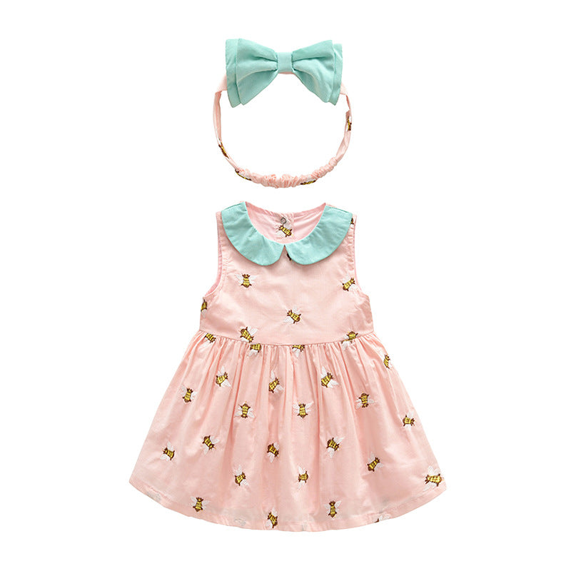 Baby Girl Bee Graphic Contrast Doll Neck Sleeveless Dress My Kids-USA