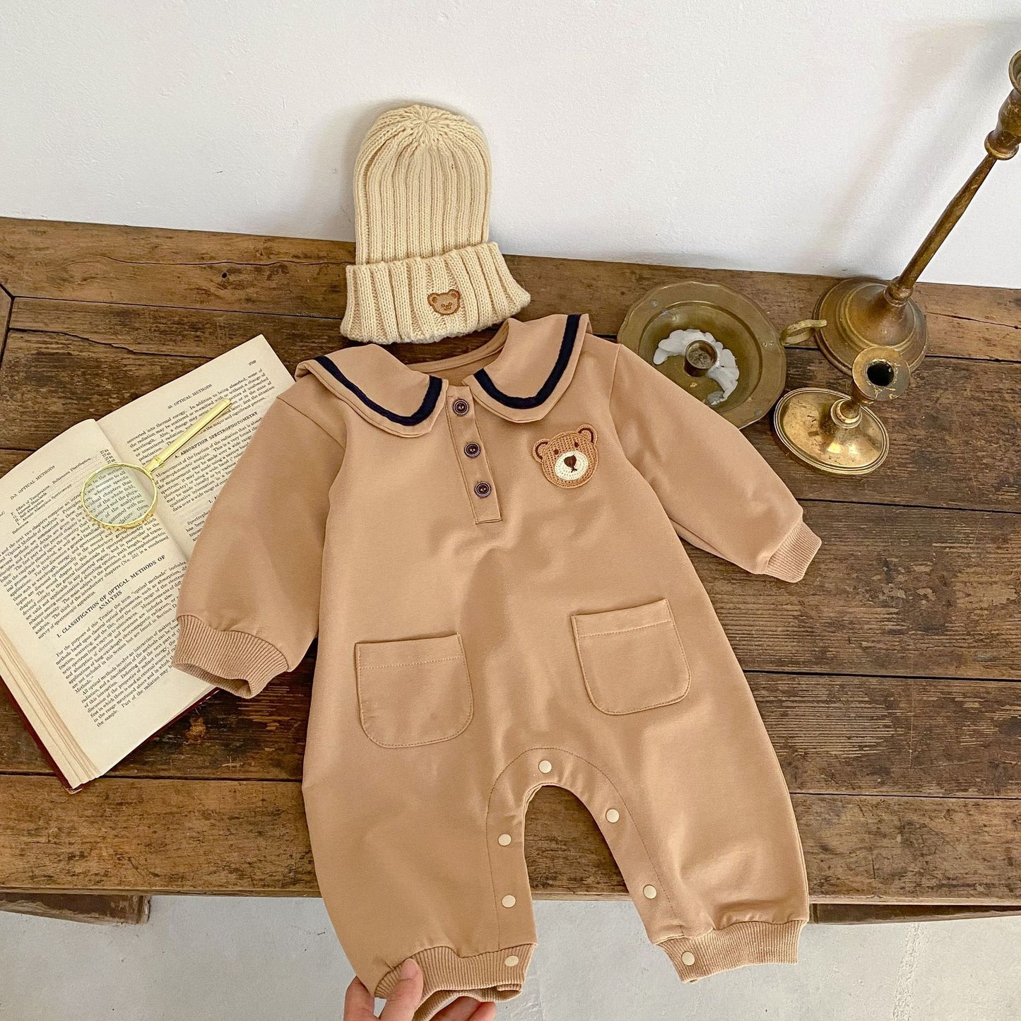 Baby Cartoon Bear Patched Pattern Cute Style Romper And Coat