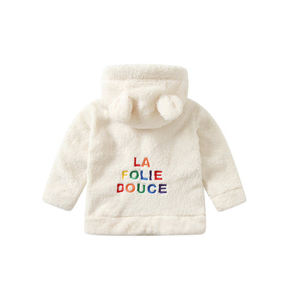 Baby Letter Embroidered Pattern Solid Color Fleece Coat My Kids-USA