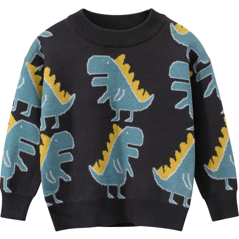 Baby All Over Cartoon Dinosaur Graphic Long Sleeves Pullover Knitting Sweater My Kids-USA