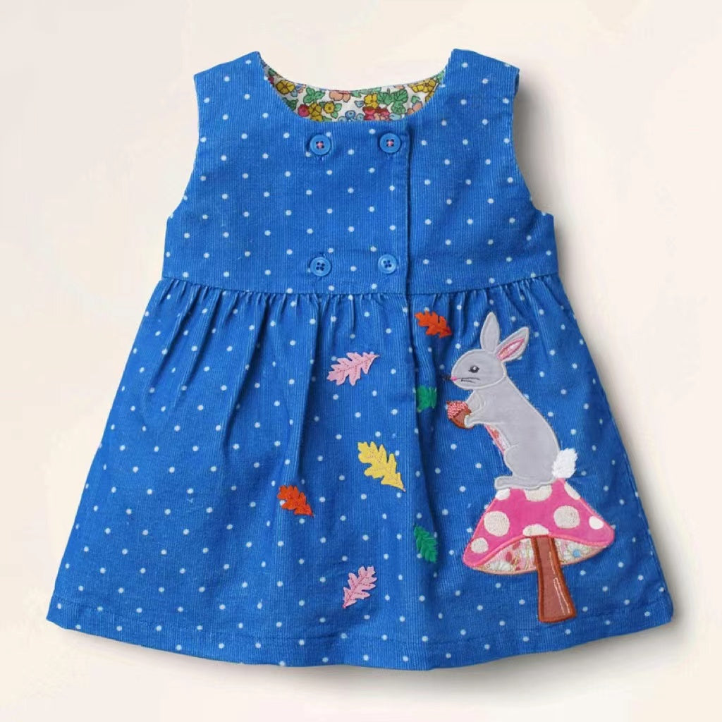 Baby Girl Cartoon Bunny Embroidered Pattern Polka Dot Graphic Sleeveless Dress My Kids-USA