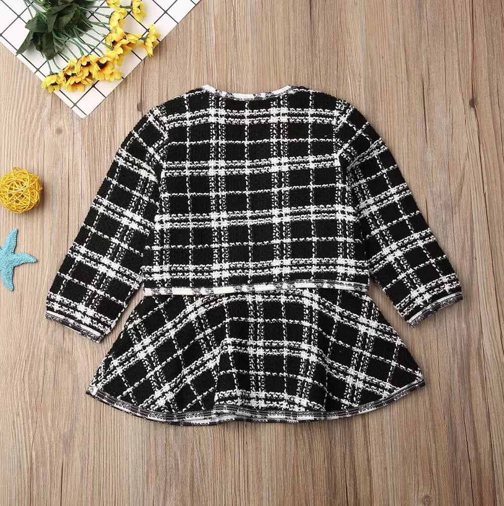 Baby Girl Contrast Design Long Sleeved Dress Combo Plaid Pattern Coat Chanel’s Sets My Kids-USA