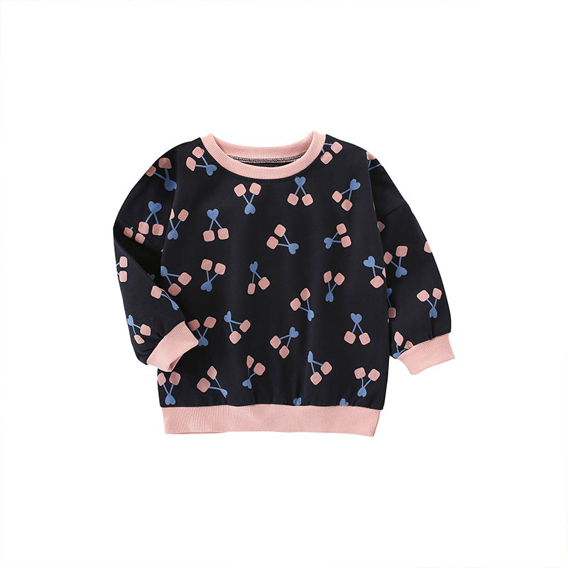 Baby Girl Cherry Print Pattern Simple Colorblock Design Hoodie