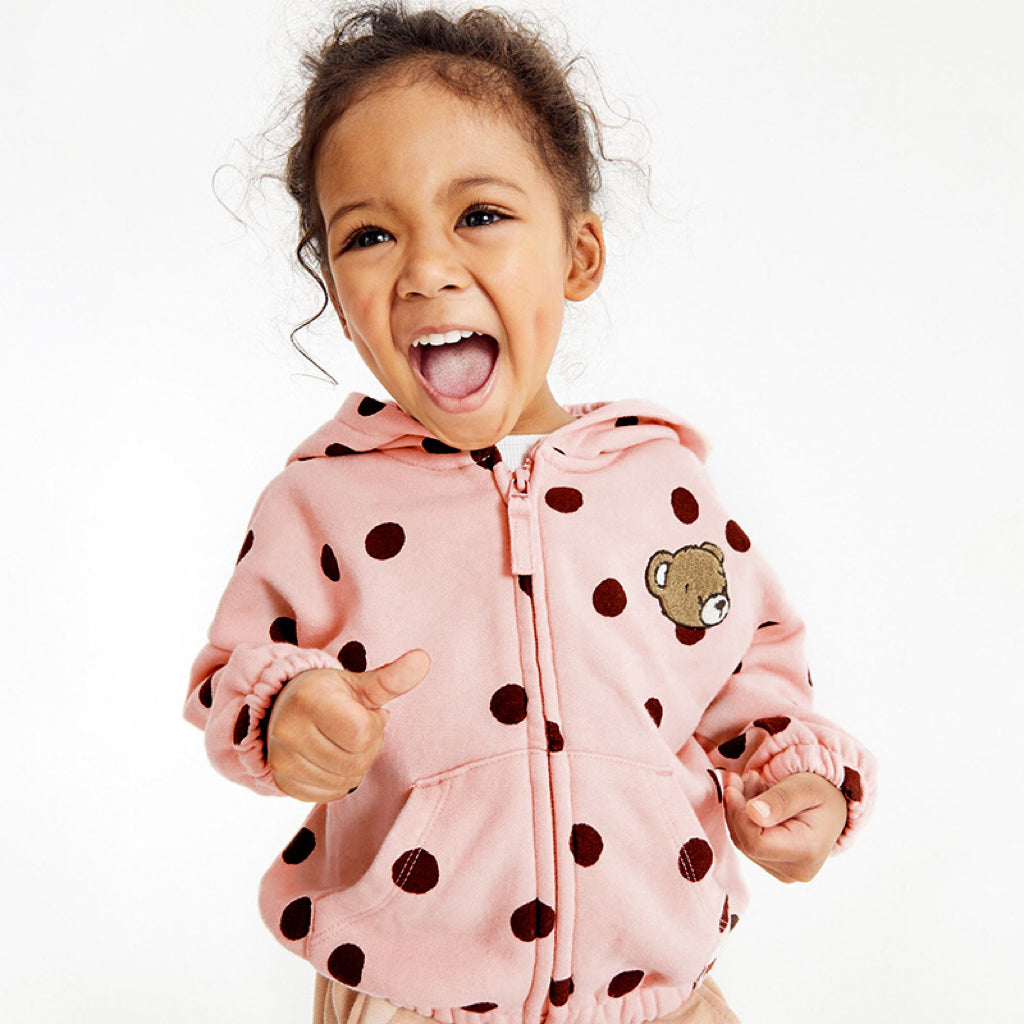 Baby Girl Polka Dot Pattern Bear Embroidered Design Zipper Coat My Kids-USA