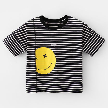Baby Boy Striped Pattern Smiley Print Thin Style Round Neck T-Shirt
